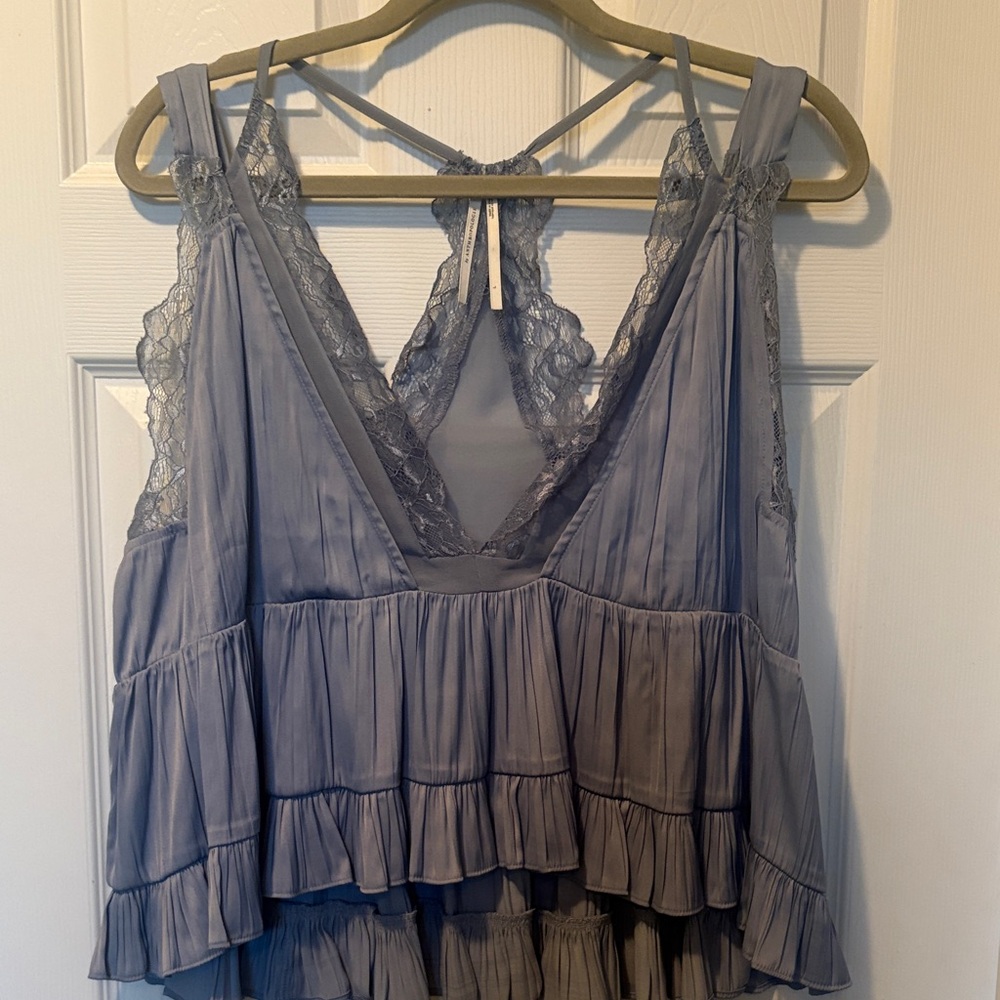 Anthropologie Lace Tiered Ruffle Tank in Dusty Blue